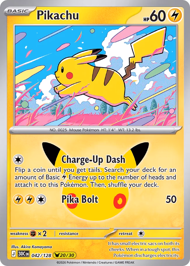 Pikachu Pokemon card (042/128, 30th Celebration)