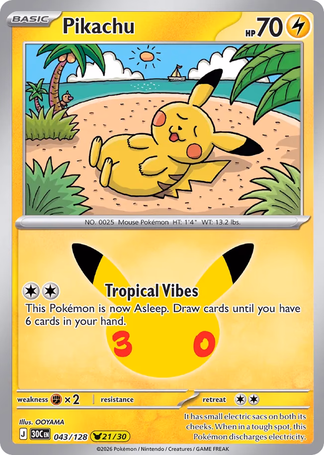 Pikachu Pokemon card (043/128, 30th Celebration)