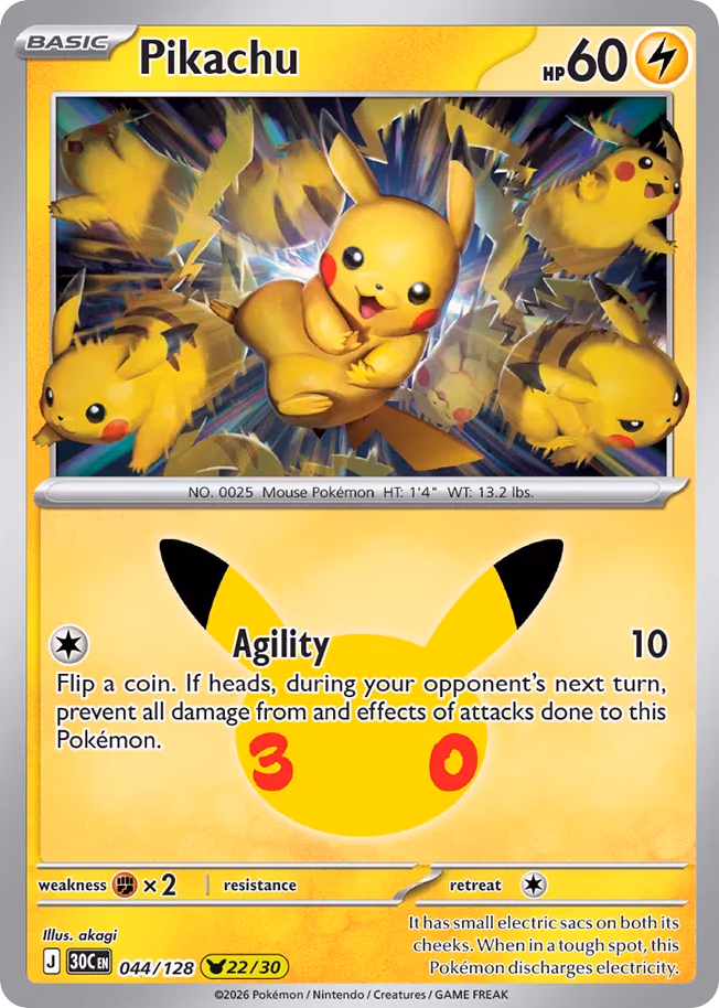 Pikachu Pokemon card (044/128, 30th Celebration)