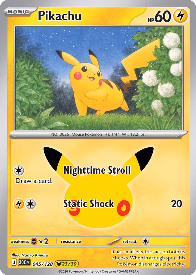 Pikachu Pokemon card (045/128, 30th Celebration)
