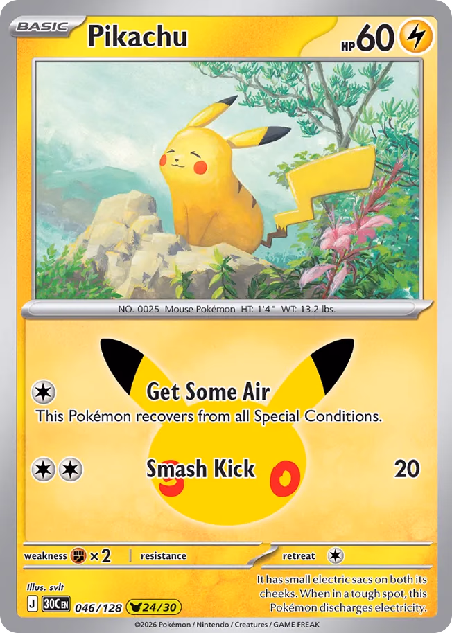 Pikachu Pokemon card (046/128, 30th Celebration)
