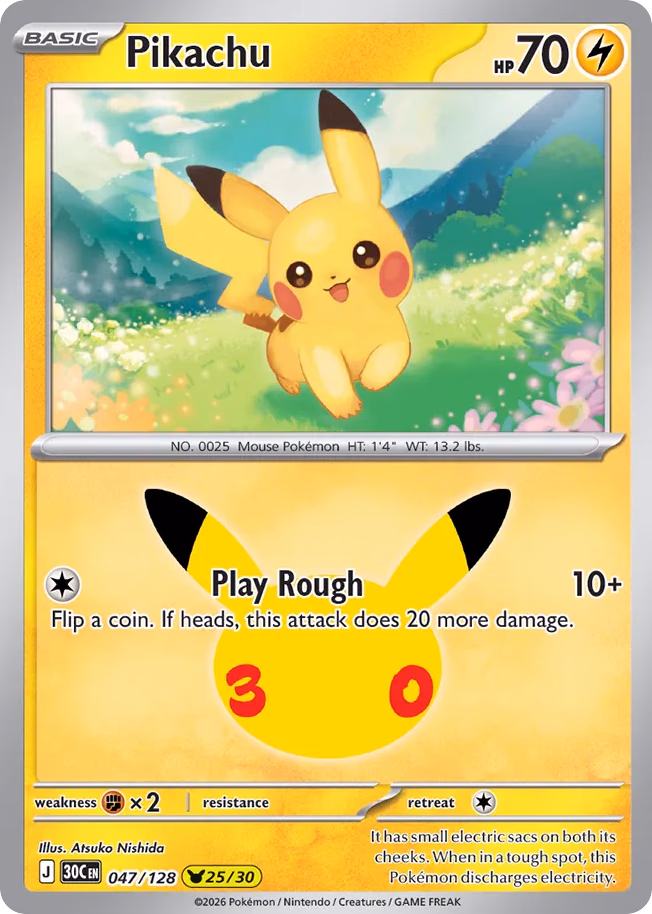 Pikachu Pokemon card (047/128, 30th Celebration)