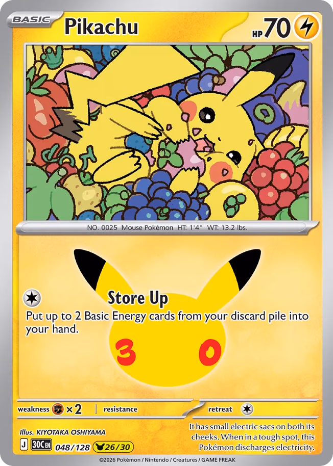 Pikachu Pokemon card (048/128, 30th Celebration)