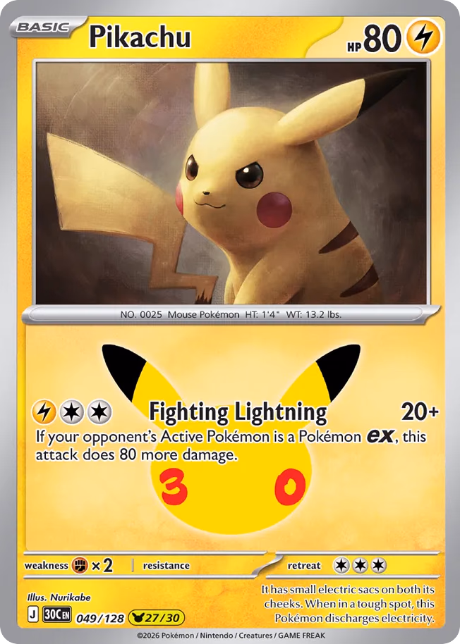 Pikachu Pokemon card (049/128, 30th Celebration)