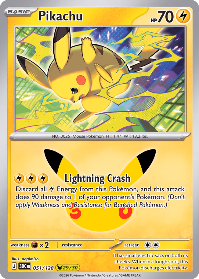 Pikachu Pokemon card (051/128, 30th Celebration)