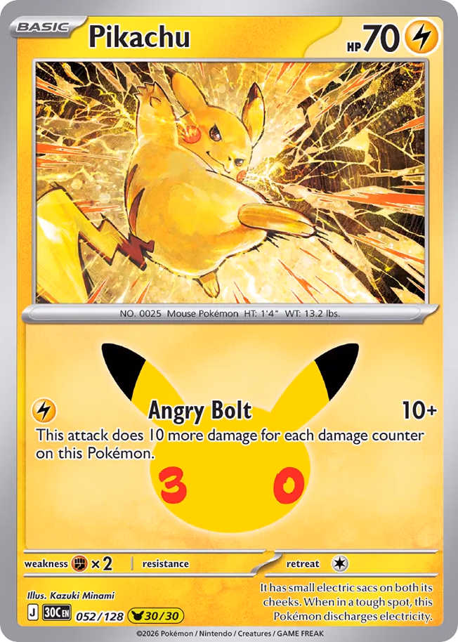 Pikachu Pokemon card (052/128, 30th Celebration)