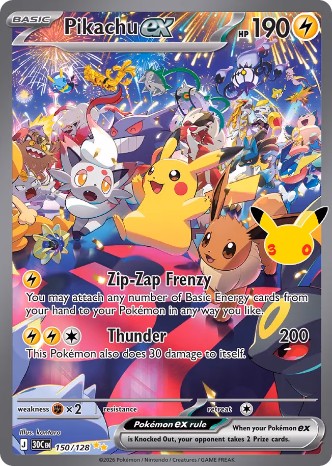 Pikachu ex Pokemon card (150/128, 30th Celebration)