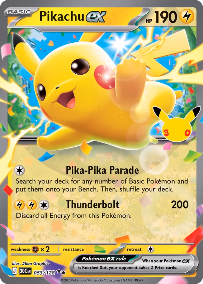 Pikachu ex Pokemon card (053/128, 30th Celebration)