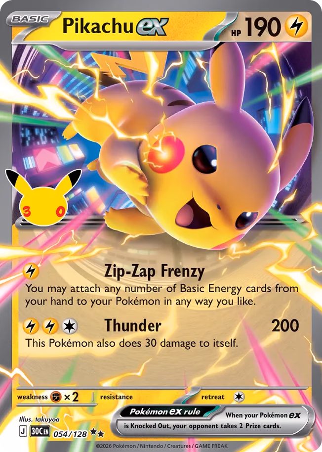 Pikachu ex Pokemon card (054/128, 30th Celebration)