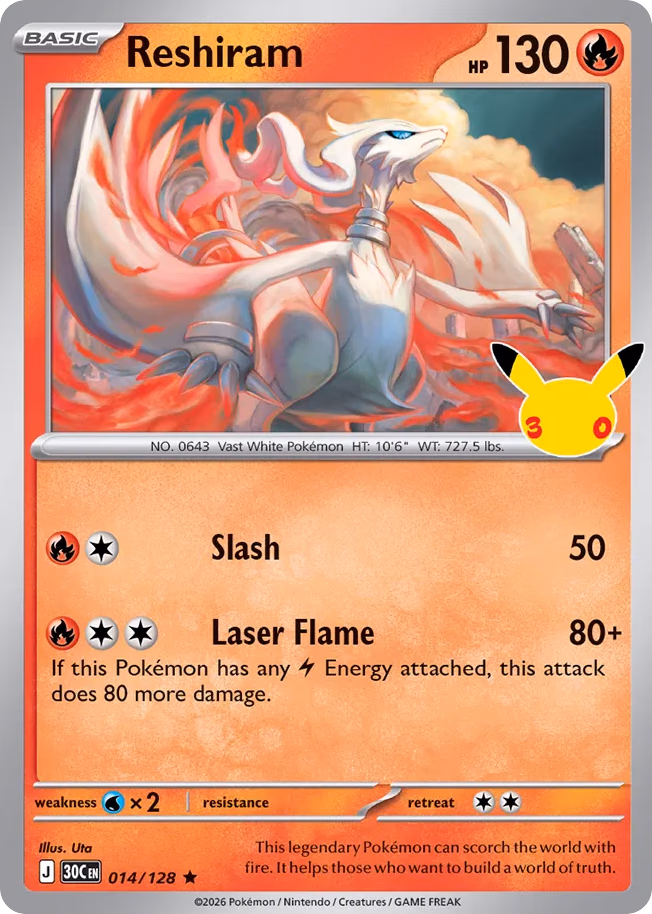 Reshiram Pokemon card (014/128, 30th Celebration)