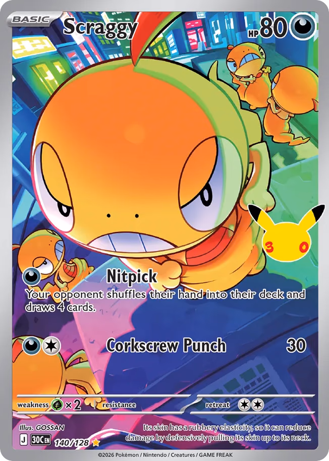 Scraggy Pokemon card (140/128, 30th Celebration)