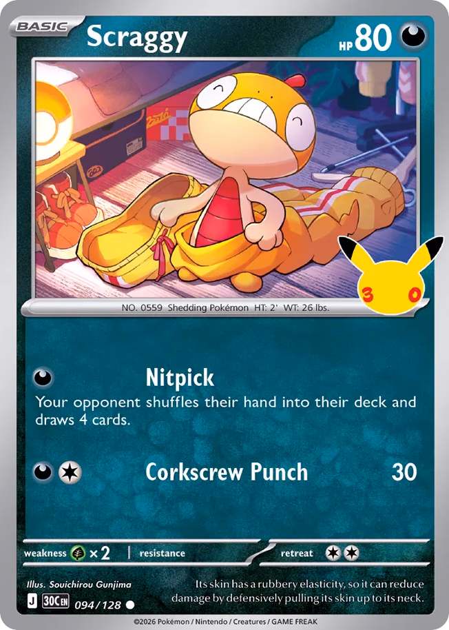 Scraggy Pokemon card (094/128, 30th Celebration)