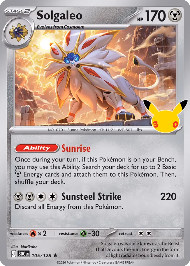 Solgaleo Pokemon card (105/128, 30th Celebration)