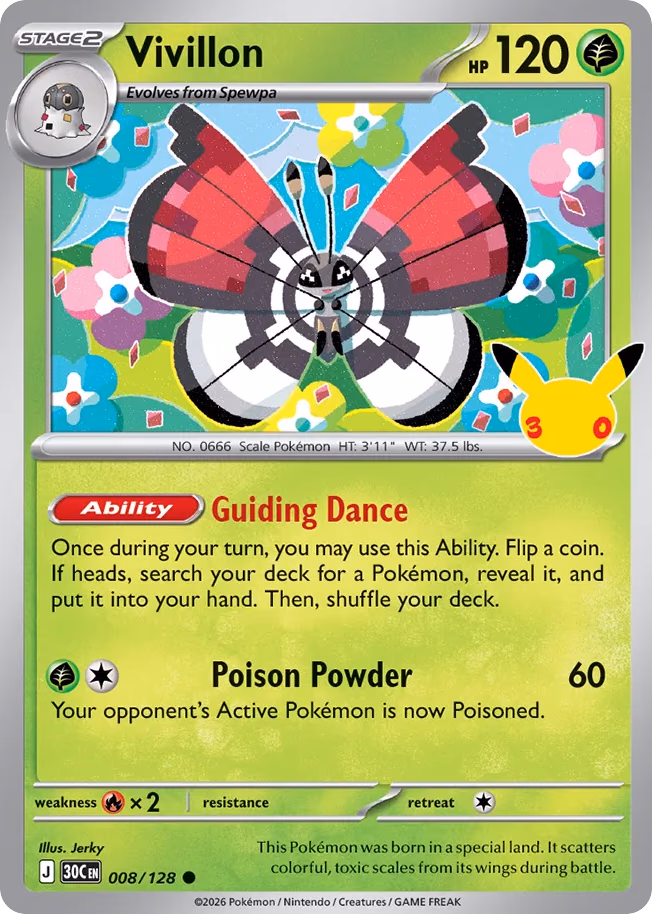 Vivillon Pokemon card (008/128, 30th Celebration)