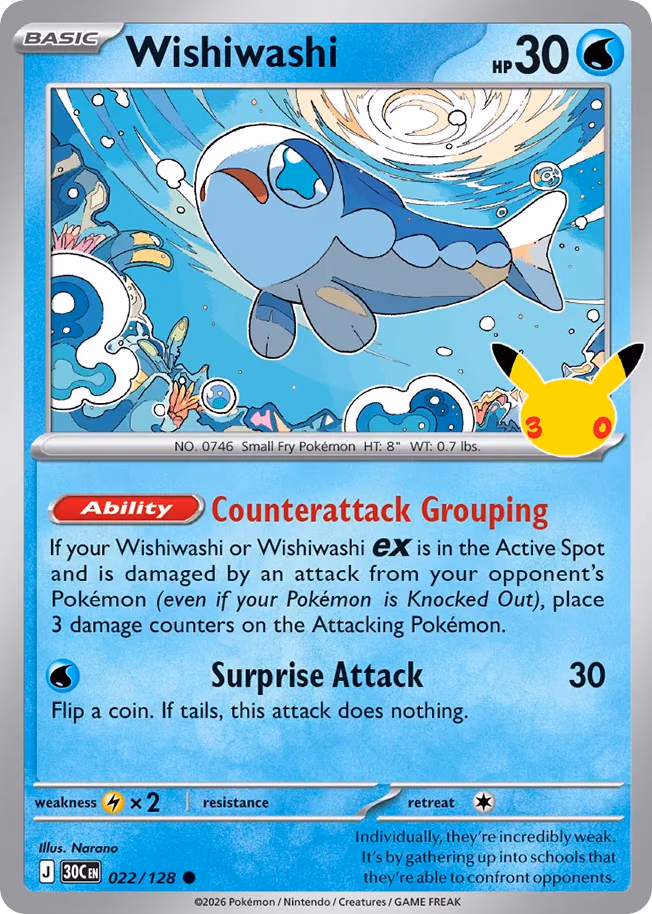 Wishiwashi Pokemon card (022/128, 30th Celebration)