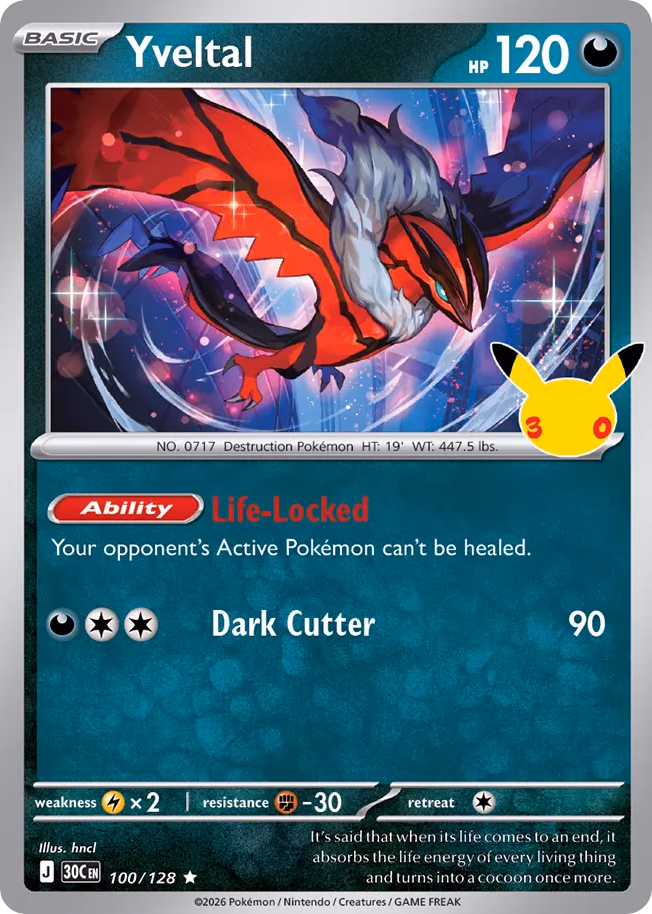 Yveltal Pokemon card (100/128, 30th Celebration)