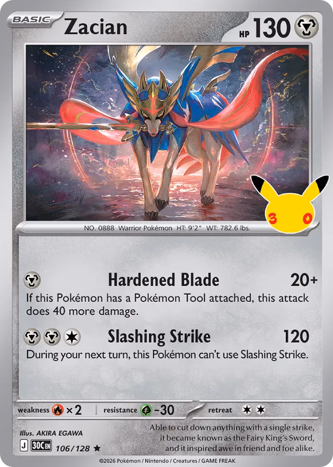 Zacian Pokemon card (106/128, 30th Celebration)