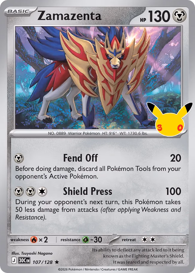 Zamazenta Pokemon card (107/128, 30th Celebration)