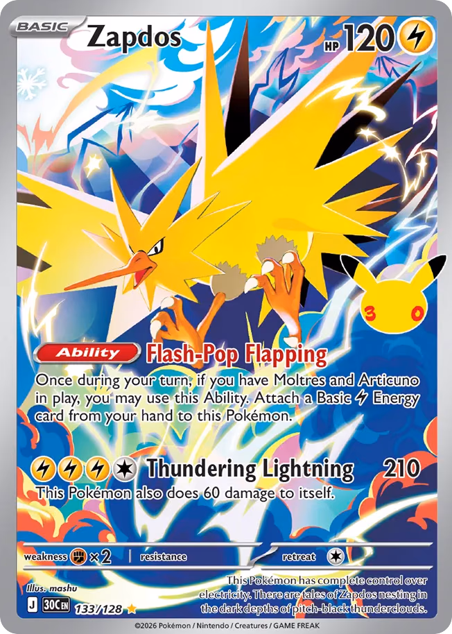 Zapdos Pokemon card (133/128, 30th Celebration)