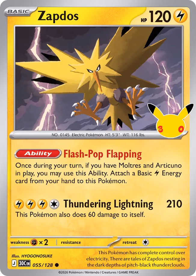 Zapdos Pokemon card (055/128, 30th Celebration)