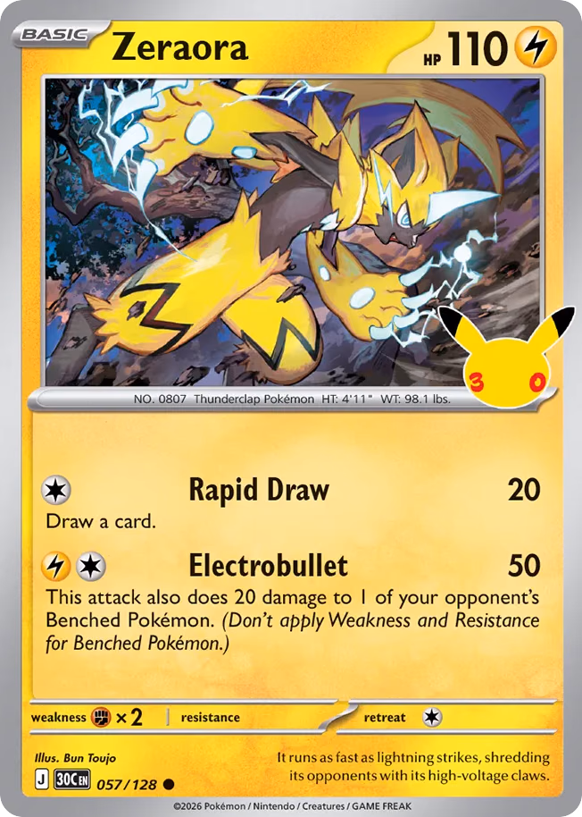 Zeraora Pokemon card (057/128, 30th Celebration)