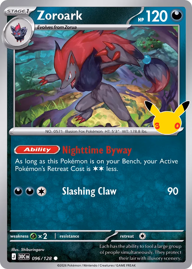 Zoroark Pokemon card (096/128, 30th Celebration)