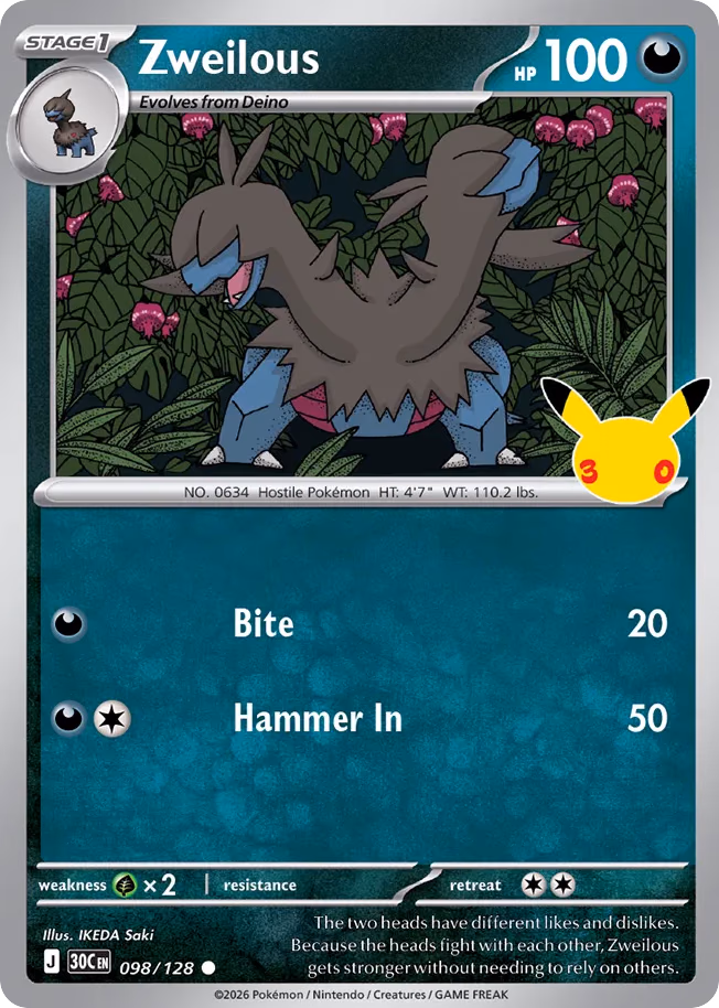 Zweilous Pokemon card (098/128, 30th Celebration)