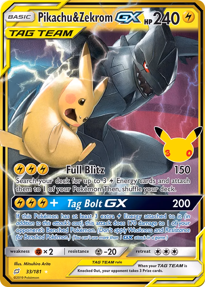 Pikachu & Zekrom-GX Pokemon card (033/030, 30th Celebration: Classic Collection)