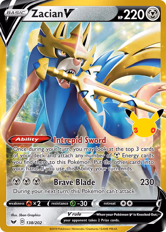 Zacian V Pokemon card (138/030, 30th Celebration: Classic Collection)