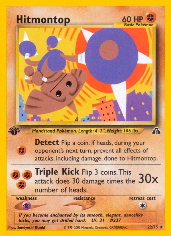 Hitmontop (1st Edition) Pokemon card (22/75, Neo Discovery)
