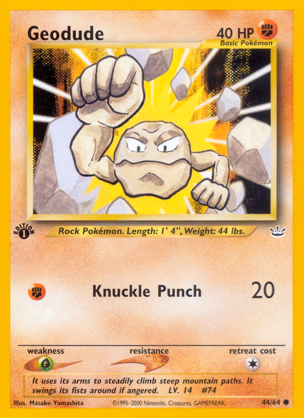 Geodude (1st Edition) Pokemon card (44/64, Neo Revelation)