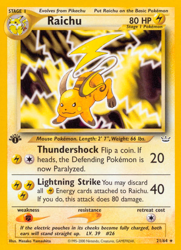 Raichu (1st Edition) Pokemon card (21/64, Neo Revelation)