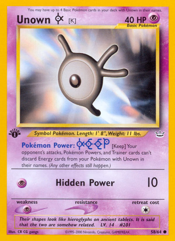 Unown [K] (1st Edition) Pokemon card (58/64, Neo Revelation)