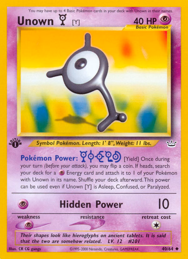 Unown [Y] (1st Edition) Pokemon card (40/64, Neo Revelation)