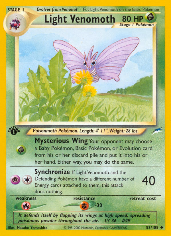 Light Venomoth (1st Edition) Pokemon card (53/105, Neo Destiny)