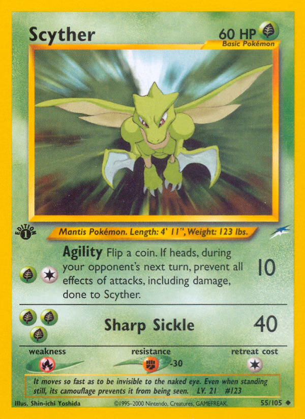 Scyther (1st Edition) Pokemon card (55/105, Neo Destiny)