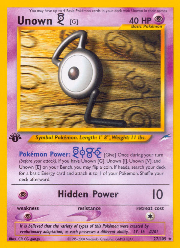 Unown [G] (1st Edition) Pokemon card (27/105, Neo Destiny)
