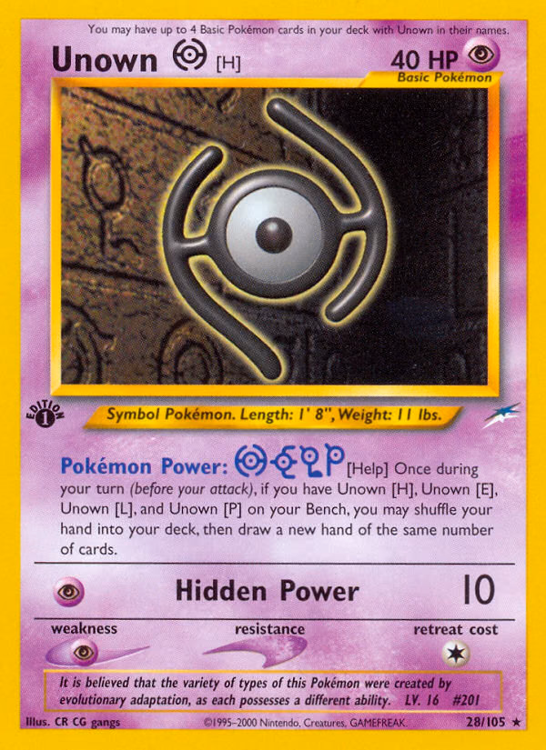 Unown [H] (1st Edition) Pokemon card (28/105, Neo Destiny)