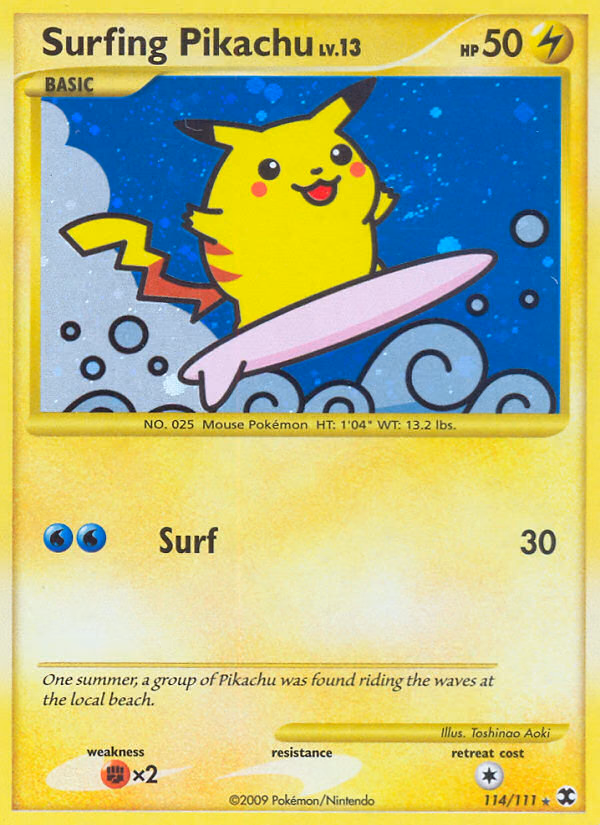 Surfing Pikachu Pokemon card (114/111, Rising Rivals)