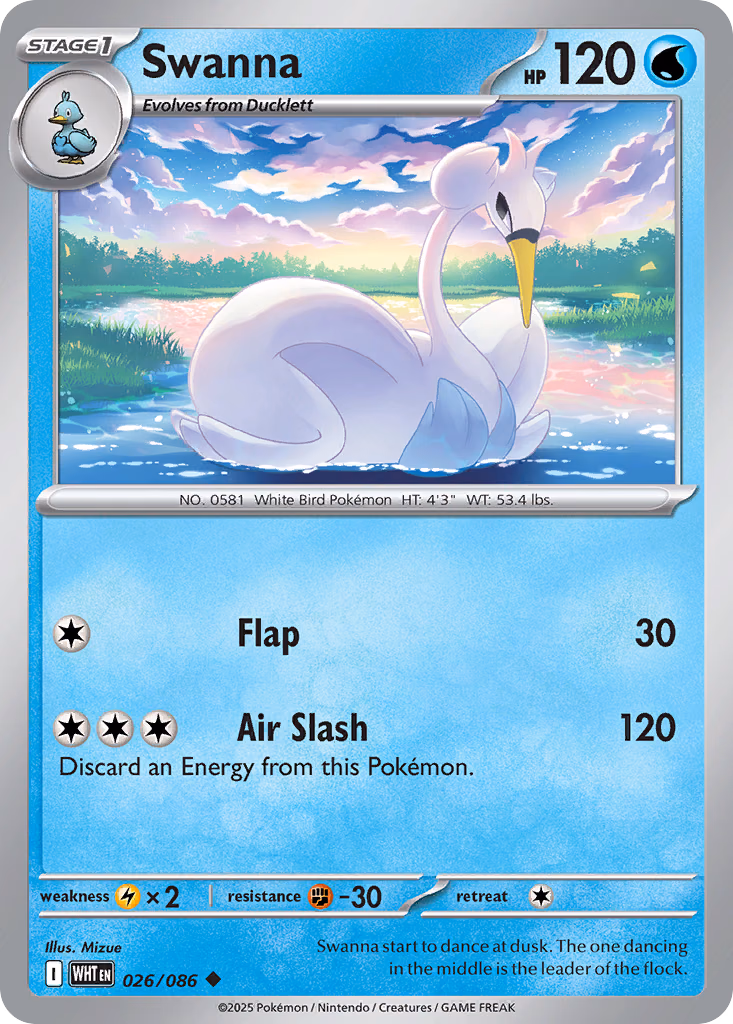 Swanna Pokemon card (026/086, White Flare)