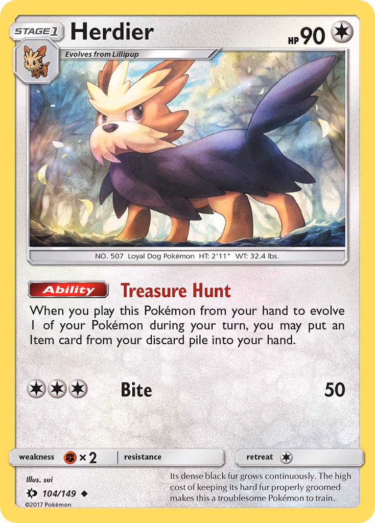 Herdier Pokemon card (104/149, Sun & Moon)