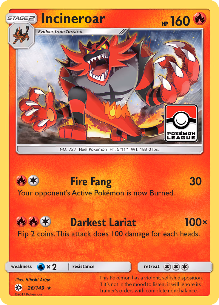 Incineroar Pokemon card (26/149, Sun & Moon)