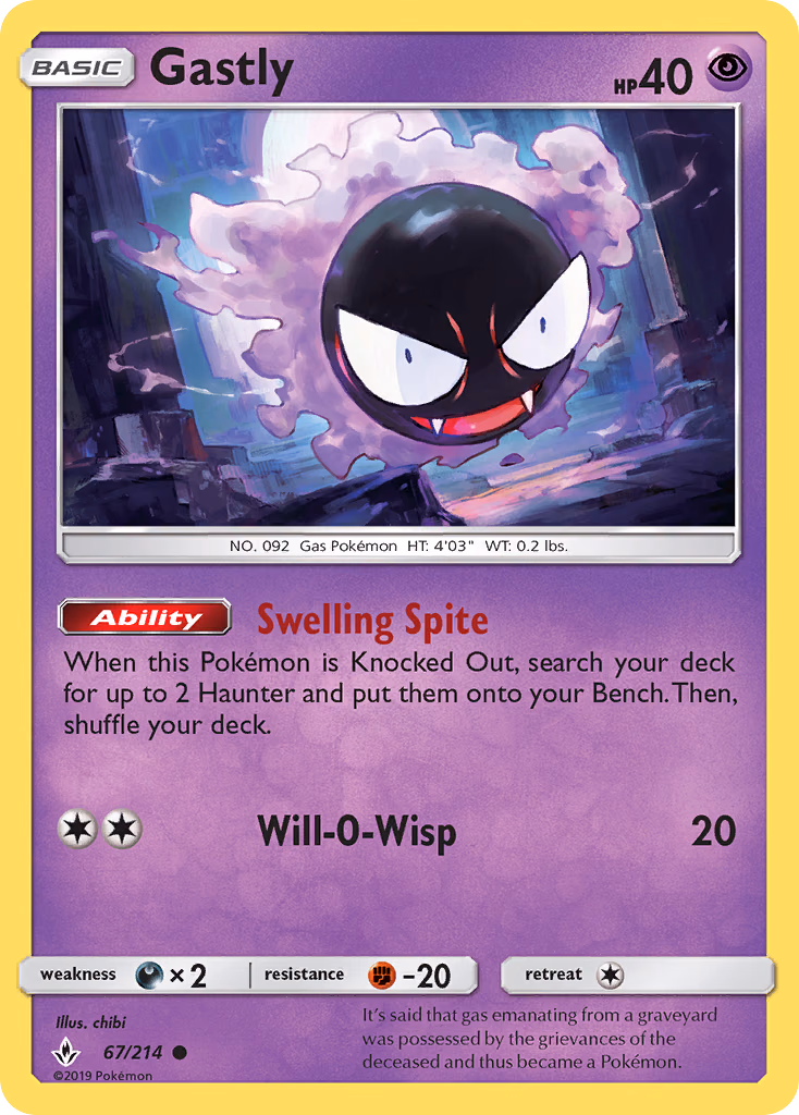 Gastly Pokemon card (67/214, Unbroken Bonds)