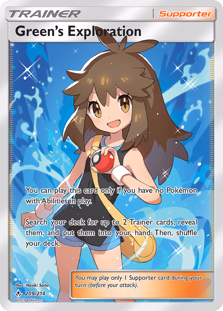 Green's Exploration Pokemon card (209/214, Unbroken Bonds)