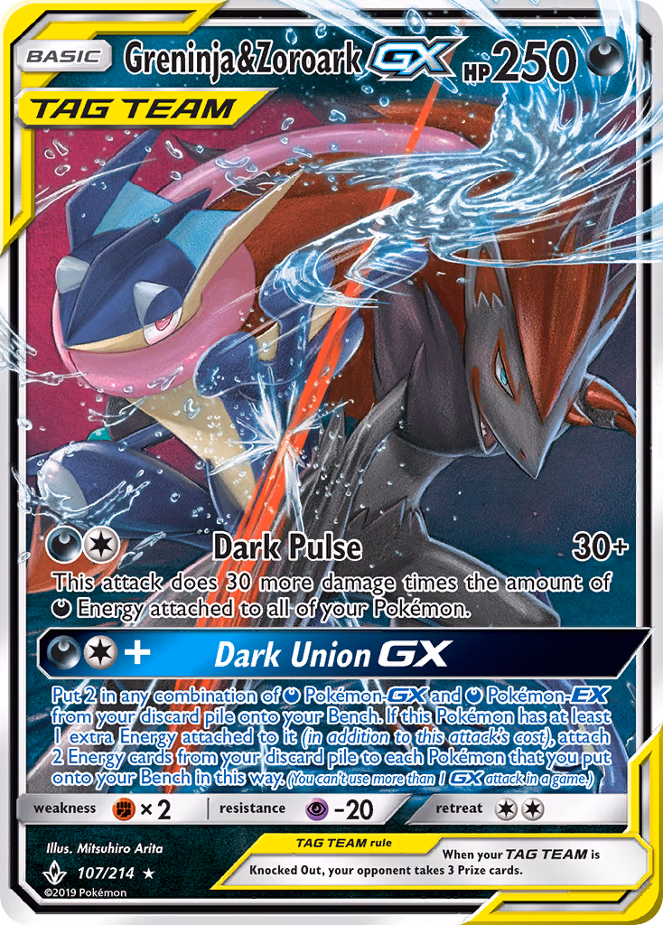 Greninja & Zoroark-GX Pokemon card (107/214, Unbroken Bonds)