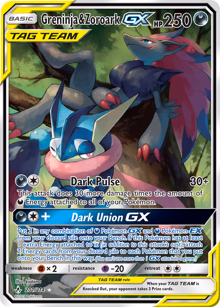 Greninja & Zoroark-GX Pokemon card (201/214, Unbroken Bonds)