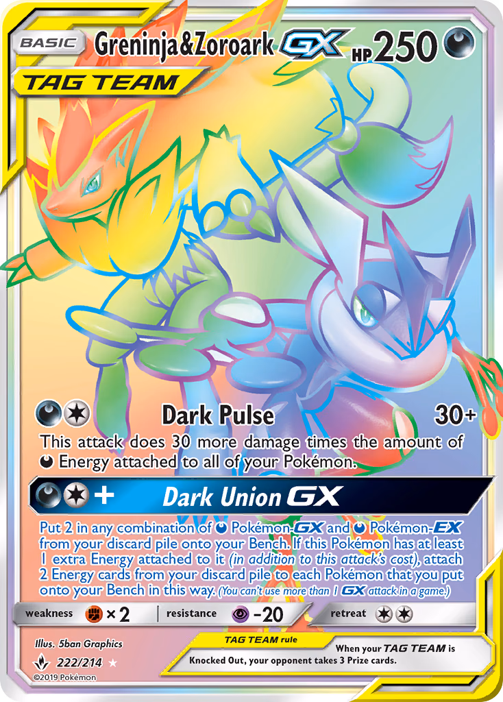 Greninja & Zoroark-GX Pokemon card (222/214, Unbroken Bonds)