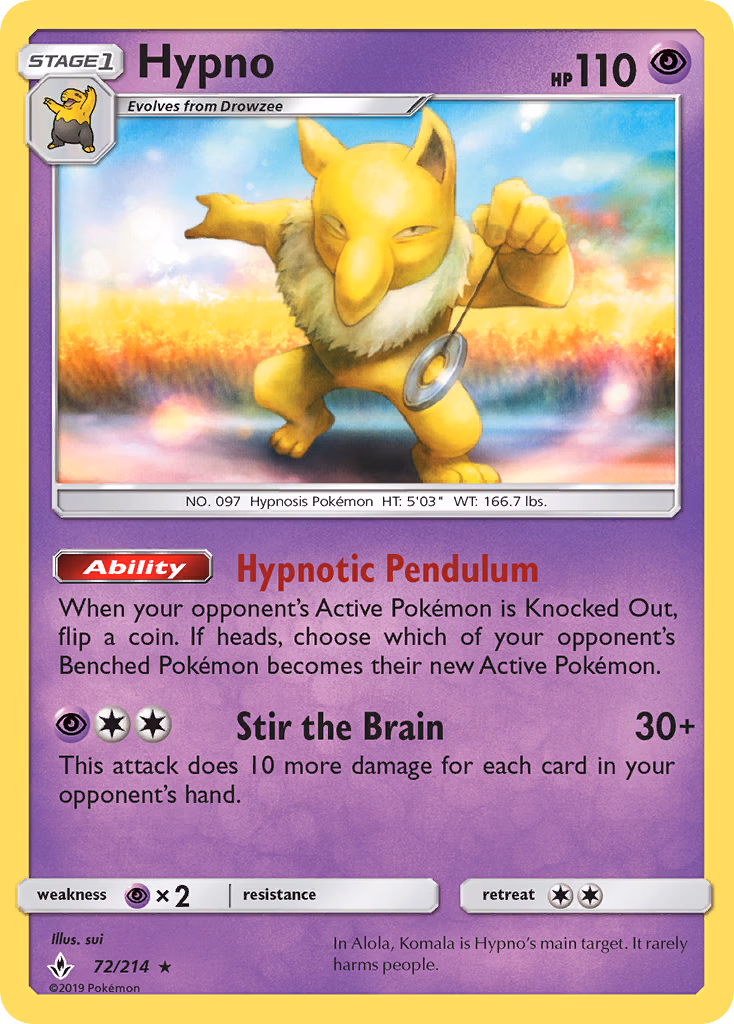 Hypno Pokemon card (72/214, Unbroken Bonds)