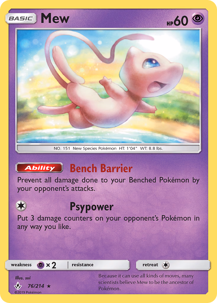 Mew Pokemon card (76/214, Unbroken Bonds)