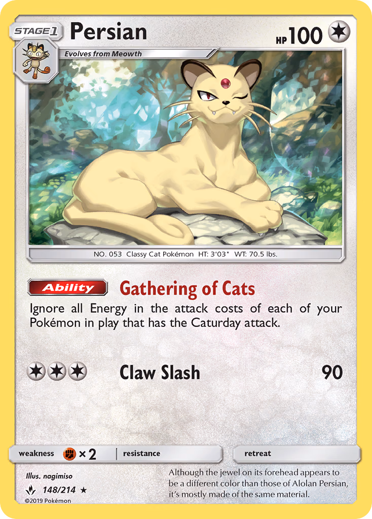 Persian Pokemon card (148/214, Unbroken Bonds)